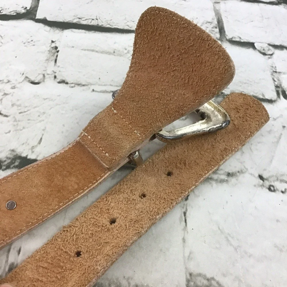 Womens Sz S Belt Western‎ Silver-Tone Buckle Studded Rodeo Tan Faux Leather